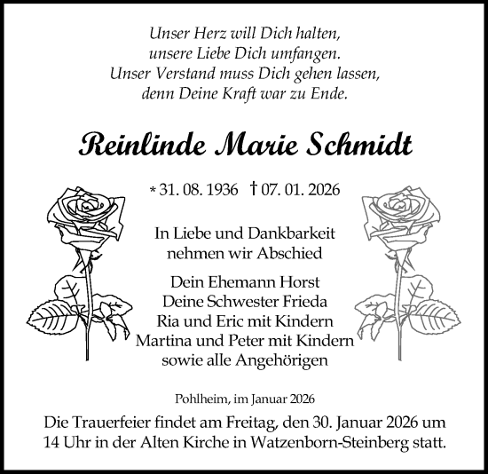 Traueranzeige von Reinlinde Marie Schmidt von Pohlheimer Nachrichten