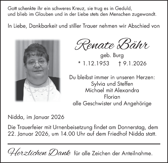 Traueranzeige von Renate Bähr von Kreis-Anzeiger