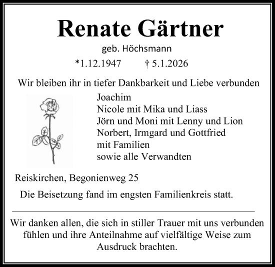 Traueranzeige von Renate Gärtner von Giessener Allgemeine, Alsfelder Allgemeine, Giessener Anzeiger