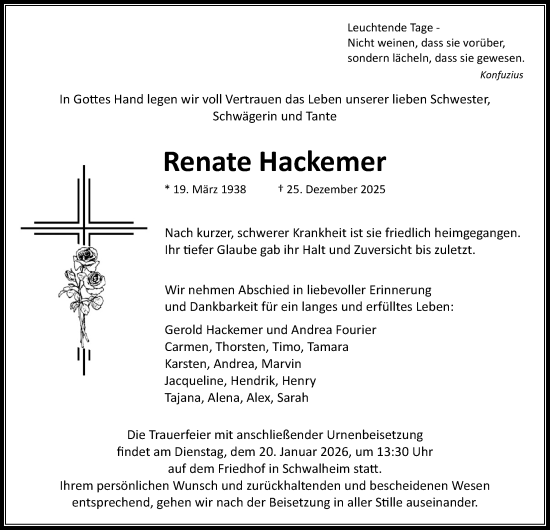 Traueranzeige von Renate Hackemer von Wetterauer Zeitung