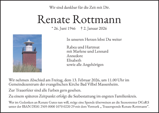 Traueranzeige von Renate Rottmann von Bad Vilbel/Karben