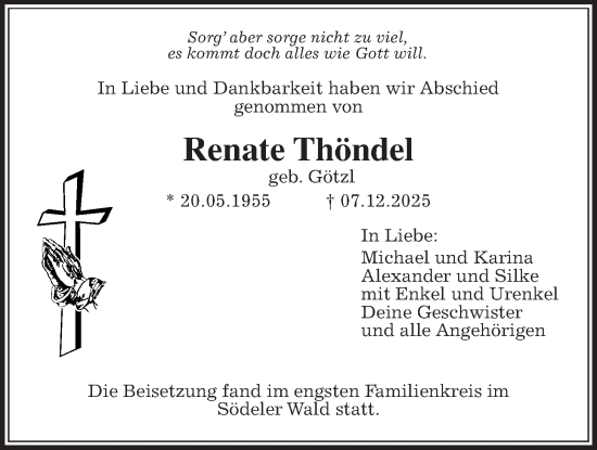 Traueranzeige von Renate Thöndel von Wetterauer Zeitung, Wetterauer Zeitung