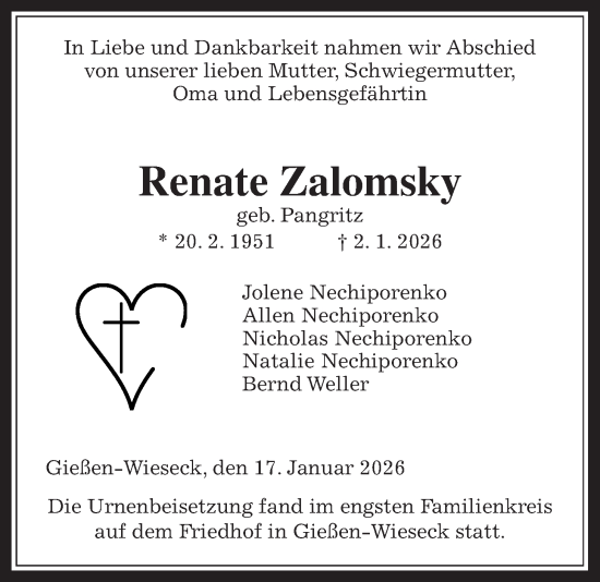 Traueranzeige von Renate Zalomsky von Giessener Allgemeine, Alsfelder Allgemeine