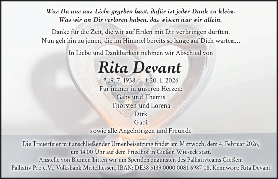 Traueranzeige von Rita Devant von Giessener Allgemeine, Alsfelder Allgemeine, Giessener Anzeiger