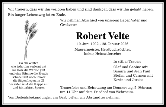 Traueranzeige von Robert Velte von Usinger Anzeiger