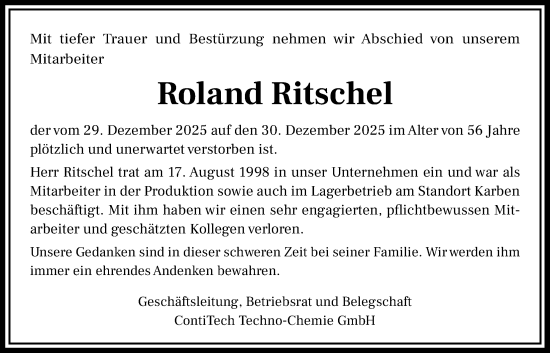 Traueranzeige von Roland Ritschel von Wetterauer Zeitung