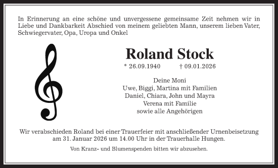 Traueranzeige von Roland Stock von Licher Wochenblatt