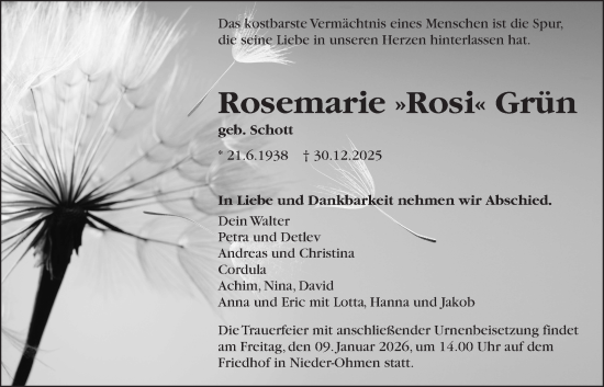 Traueranzeige von Rosemarie Grün von Giessener Allgemeine, Alsfelder Allgemeine