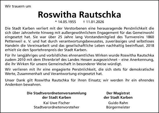 Traueranzeige von Roswitha Rautschka von Wetterauer Zeitung