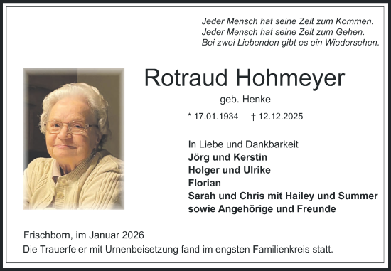 Traueranzeige von Rotraud Hohmeyer von Lauterbacher Anzeiger