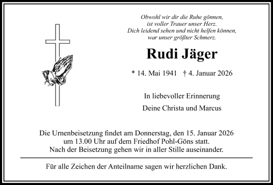 Traueranzeige von Rudi Jäger von Butzbacher Zeitung