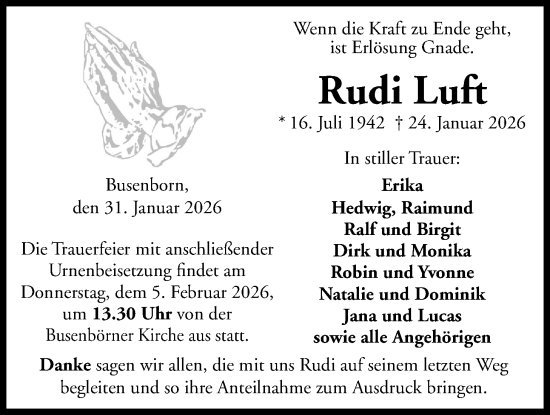 Traueranzeige von Rudi Luft von Kreis-Anzeiger