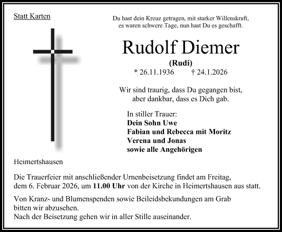 Traueranzeige von Rudolf Diemer von Oberhessische Zeitung