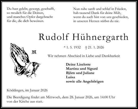 Traueranzeige von Rudolf Hühnergarth von Oberhessische Zeitung