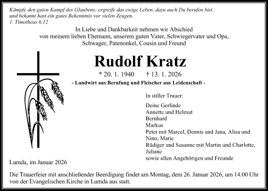 Traueranzeige von Rudolf Kratz von Giessener Anzeiger, Giessener Allgemeine, Alsfelder Allgemeine