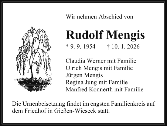 Traueranzeige von Rudolf Mengis von Giessener Allgemeine, Alsfelder Allgemeine
