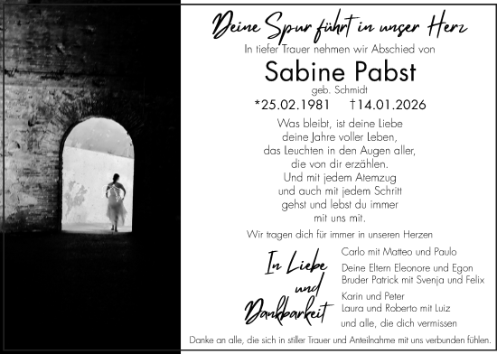 Traueranzeige von Sabine Pabst von Giessener Allgemeine, Alsfelder Allgemeine