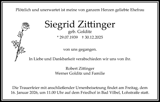 Traueranzeige von Siegrid Zittinger von Bad Vilbel/Karben