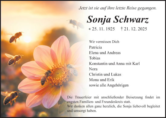 Traueranzeige von Sonja Schwarz von Licher Wochenblatt