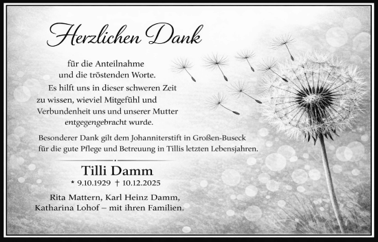 Traueranzeige von Tilli Damm von Giessener Allgemeine, Alsfelder Allgemeine
