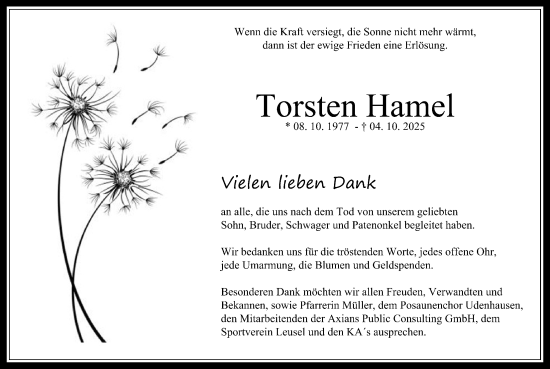 Traueranzeige von Torsten Hamel von Oberhessische Zeitung