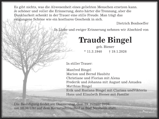 Traueranzeige von Traude Bingel von Wetterauer Zeitung