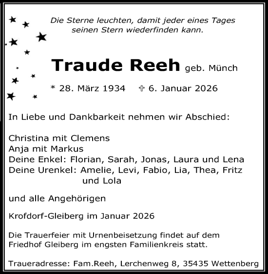 Traueranzeige von Traude Reeh von Giessener Anzeiger, Giessener Allgemeine, Alsfelder Allgemeine