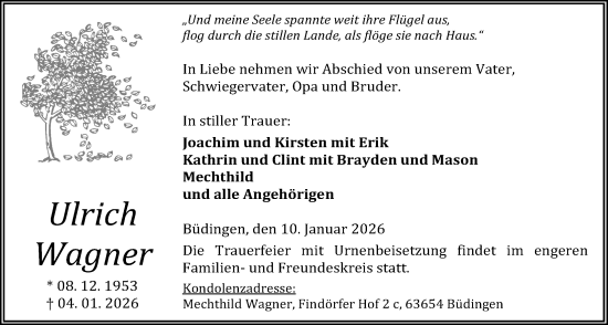 Traueranzeige von Ulrich Wagner von Kreis-Anzeiger