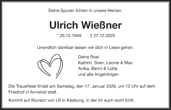 Traueranzeige von Ulrich Wießner von Giessener Anzeiger, Giessener Allgemeine, Alsfelder Allgemeine