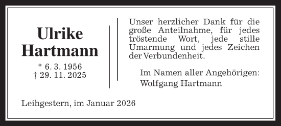 Traueranzeige von Ulrike Hartmann von Giessener Allgemeine, Alsfelder Allgemeine
