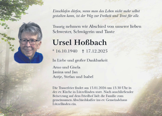 Traueranzeige von Ursel Hofßbach von Giessener Anzeiger, Giessener Allgemeine, Alsfelder Allgemeine