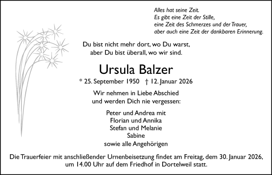 Traueranzeige von Ursula Balzer von Bad Vilbel/Karben