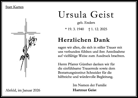 Traueranzeige von Ursula Geist von Oberhessische Zeitung