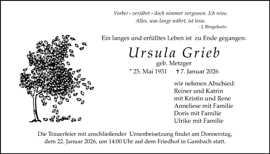 Traueranzeige von Ursula Grieb von Butzbacher Zeitung