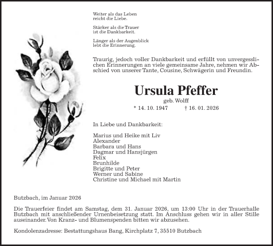 Traueranzeige von Ursula Pfeffer von Butzbacher Zeitung