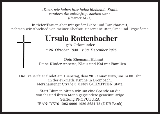 Traueranzeige von Ursula Rottenbacher von Usinger Anzeiger, Usinger Anzeigenblatt