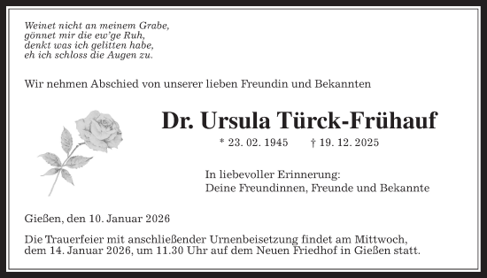Traueranzeige von Ursula Türck-Frühauf von Giessener Anzeiger, Giessener Allgemeine, Alsfelder Allgemeine