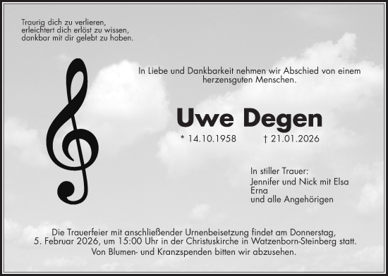 Traueranzeige von Uwe Degen von Giessener Allgemeine, Alsfelder Allgemeine, Giessener Anzeiger