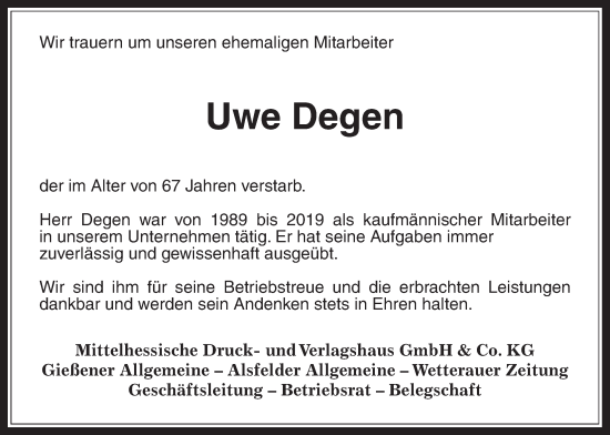 Traueranzeige von Uwe Degen von Giessener Allgemeine, Alsfelder Allgemeine