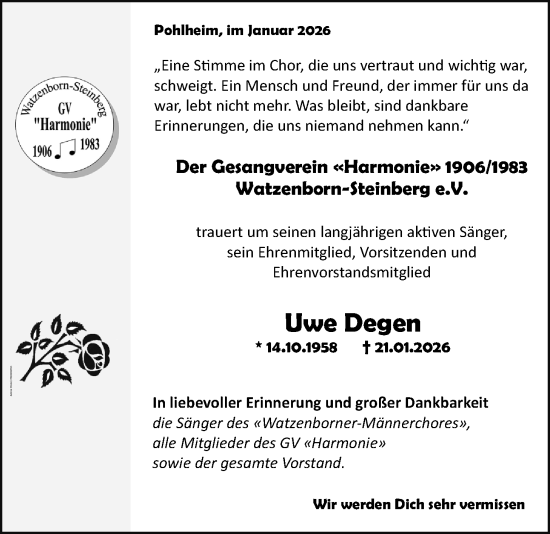 Traueranzeige von Uwe Degen von Pohlheimer Nachrichten, Giessener Allgemeine, Alsfelder Allgemeine