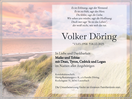 Traueranzeige von Volker Döring von Lauterbacher Anzeiger, , , 