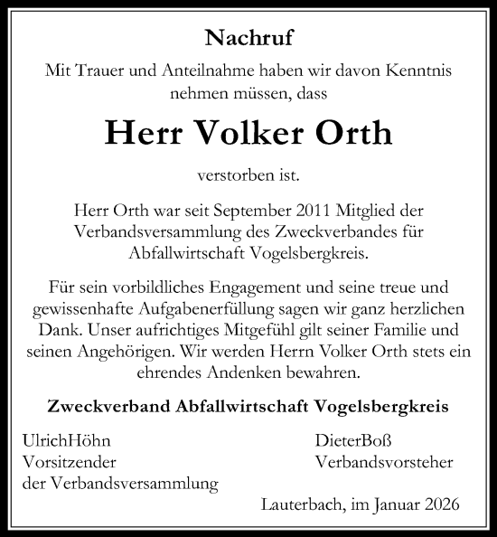Traueranzeige von Volker Orth von Lauterbacher Anzeiger, Oberhessische Zeitung, Alsfelder Allgemeine