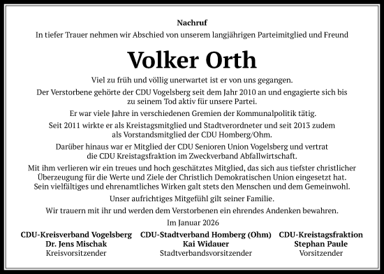 Traueranzeige von Volker Orth von Oberhessische Zeitung, Alsfelder Allgemeine