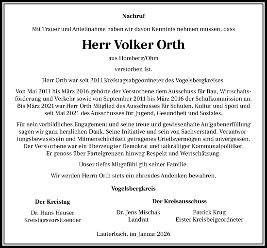 Traueranzeige von Volker Orth von Oberhessische Zeitung, Alsfelder Allgemeine