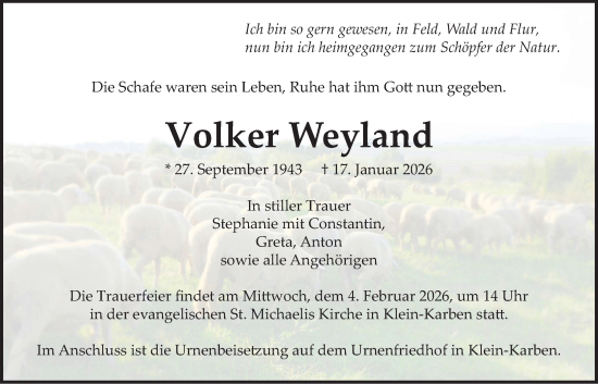 Traueranzeige von Volker Weyland von Wetterauer Zeitung, Bad Vilbel/Karben