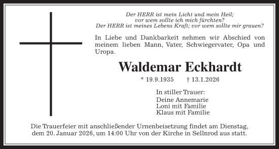 Traueranzeige von Waldemar Eckhardt von Giessener Allgemeine, Alsfelder Allgemeine