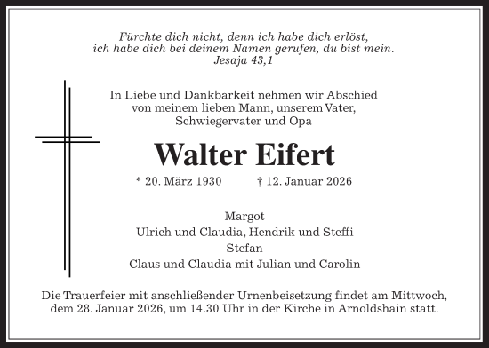 Traueranzeige von Walter Eifert von Usinger Anzeiger, Usinger Anzeigenblatt