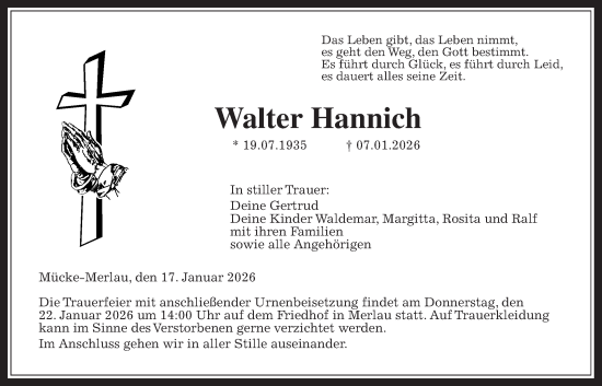 Traueranzeige von Walter Hannich von Giessener Allgemeine, Alsfelder Allgemeine