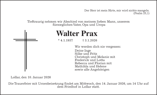 Traueranzeige von Walter Prax von Giessener Anzeiger, Giessener Allgemeine, Alsfelder Allgemeine