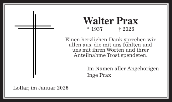 Traueranzeige von Walter Prax von Giessener Allgemeine, Alsfelder Allgemeine